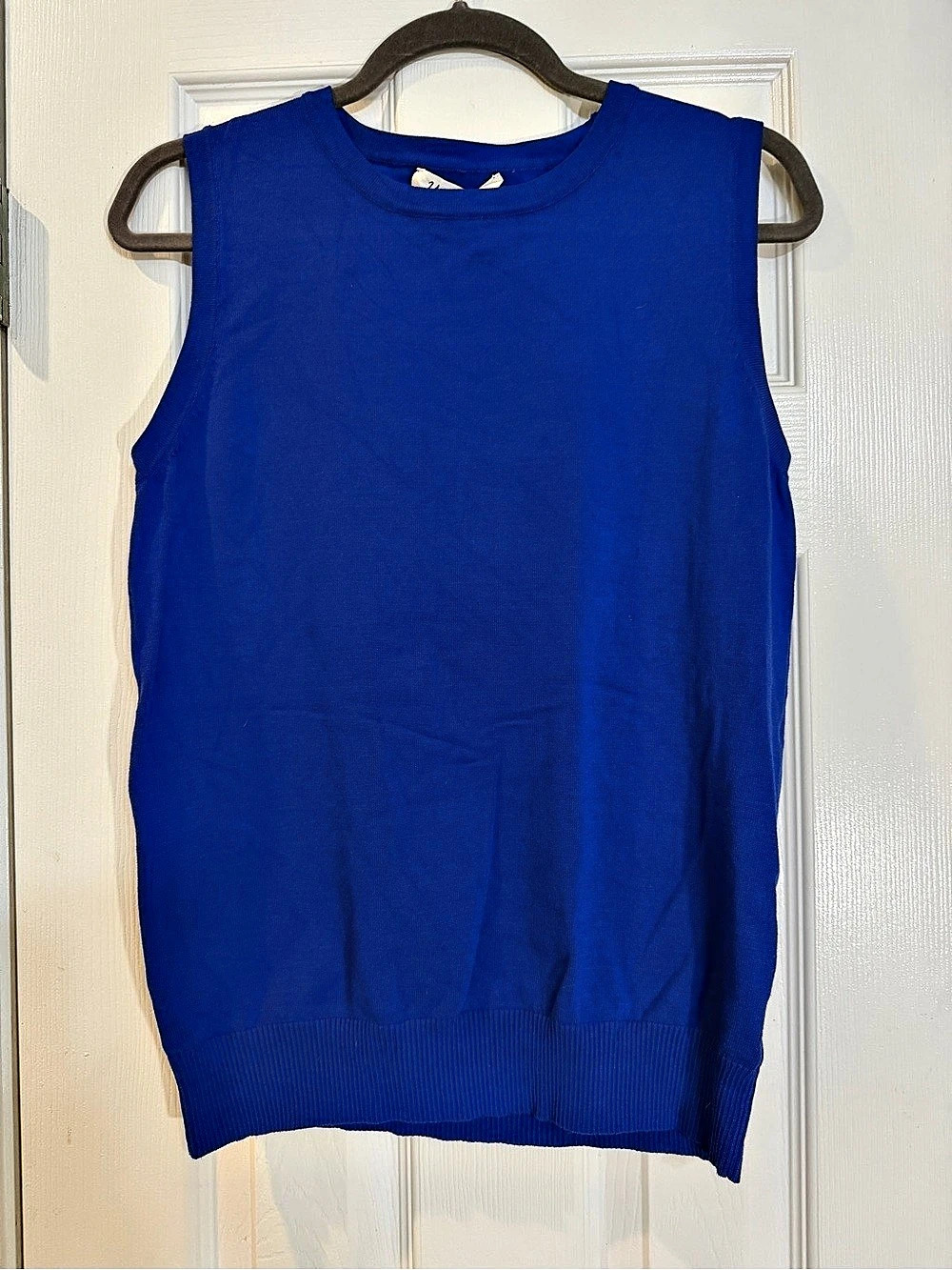 Vine & Love Sleeveless Cut Crew Neck Knitted Sweater Top Blue